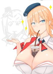 Rule 34 | beret, blonde hair, blue eyes, blush, bow, bowtie, braid, breasts, bubble tea, bubble tea challenge, cleavage, des moines (warship girls r), drinking straw, hair between eyes, hat, highres, huge breasts, long hair, looking at viewer, smile, vittorio veneto (warship girls r), warship girls r, yakkom