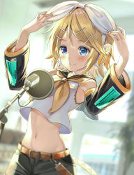 Rule 34 | 1girl, armpits, arms up, bare shoulders, belt, black shorts, blonde hair, blue eyes, blurry, blurry background, commentary request, crop top, crop top overhang, depth of field, detached sleeves, hair ornament, hair ribbon, hairclip, headphones, highres, kagamine rin, long sleeves, looking at viewer, microphone, midriff, nail polish, navel, neckerchief, ribbon, sailor collar, shirt, short hair, shorts, smile, solo, stomach, upper body, vocaloid, white ribbon, white shirt, yellow nails, yuuka nonoko
