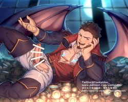 Rule 34 | 1boy, abs, alternate costume, bar censor, bara, bare pectorals, bat wings, blue eyes, blush, boots, brown hair, censored, cross scar, demon boy, epaulettes, erection, facial hair, fate/grand order, fate (series), feet out of frame, goatee, halloween, halloween costume, heterochromia, jacket, leather, leather boots, long sideburns, long sleeves, lying, male focus, military, military uniform, muscular, napoleon bonaparte (fate), navel, navel hair, nipples, on side, open clothes, open jacket, open shirt, paid reward available, pants, pectoral cleavage, pectorals, penis, red eyes, scar, scar on chest, short hair, sideburns, solo, stubble, thick thighs, thigh boots, thighhighs, thighs, torn clothes, torn pants, uniform, vampire costume, veins, veiny penis, white pants, wings, yaekaidou