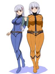 Rule 34 | 1girl, 2girls, arms behind back, belt, blue bodysuit, bodysuit, breasts, cosplay, costume, curvy, hair ornament, highres, large breasts, light purple hair, long hair, looking at viewer, multiple girls, open mouth, original, red eyes, short hair, simple background, skin tight, smile, uchiu kazuma, uchuu senkan yamato, white background