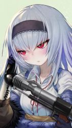 Rule 34 | 1girl, absurdres, calling, chinese commentary, commentary request, corded phone, expressionless, girls&#039; frontline, gloves, gun, handgun, headband, highres, holding, holding gun, holding phone, holding weapon, jacket, phone, portrait, red eyes, senkou tobaku, silver hair, simple background, solo, talking on phone, thunder (girls&#039; frontline), vest, weapon