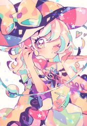 Rule 34 | 1girl, aqua hair, black hat, bow, corded phone, cowboy shot, diamond necklace, eyeball, frilled sleeves, frills, green skirt, hands up, hat, hat bow, hat ribbon, heart, highres, holding, holding phone, komeiji koishi, looking at viewer, medium hair, multicolored hair, one eye closed, phone, ratto (mobilis 1870), ribbon, shirt, simple background, skirt, solo, third eye, touhou, two-tone hair, wavy hair, white background, white hair, wide sleeves, yellow bow, yellow ribbon, yellow shirt