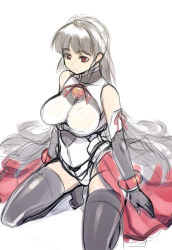 Rule 34 | 1girl, akatsuki alut, bare shoulders, black thighhighs, breasts, elbow gloves, from above, gloves, large breasts, leotard, long hair, maid headdress, mel/a, original, seiza, silver hair, simple background, sitting, sketch, solo, thighhighs, very long hair