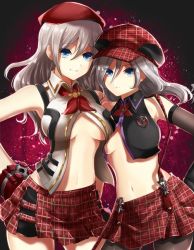 Rule 34 | 10s, 2girls, alisa ilinichina amiella, bare shoulders, black footwear, black gloves, black legwear, blue eyes, boots, breasts, cabbie hat, dual persona, elbow gloves, fingerless gloves, gloves, god eater, god eater 2: rage burst, god eater burst, holding hands, hat, long hair, looking at viewer, medium breasts, multiple girls, navel, open clothes, pantyhose, silver hair, skirt, small breasts, smile, suspender skirt, suspenders, thigh boots, thighhighs, underboob