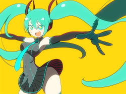 Rule 34 | + +, 1girl, aqua eyes, aqua hair, armpits, bare shoulders, black gloves, breasts, elbow gloves, gloves, hair ornament, hatsune miku, impossible clothes, impossible shirt, ken (koala), miniskirt, necktie, pleated skirt, shirt, simple background, skirt, solo, sparkling eyes, thighhighs, twintails, vocaloid, yellow background