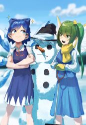 Rule 34 | 2girls, blast-7, blue bow, blue dress, blue eyes, blue hair, blush stickers, bow, carrot, cirno, closed mouth, collared shirt, crossed arms, daiyousei, dress, green eyes, green hair, hair bow, hat, highres, holding, holding shovel, long hair, long sleeves, mittens, multiple girls, open mouth, red ribbon, ribbon, scarf, shirt, short hair, short sleeves, shovel, side ponytail, smile, smug, snowman, touhou, white shirt, witch hat, yellow bow, yellow mittens, yellow scarf