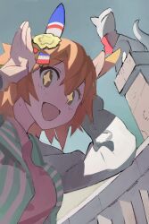 Rule 34 | 1girl, animal ears, arms up, brown eyes, ear covers, fox statue, from below, green jacket, grey sky, hair ornament, horse ears, horse girl, jacket, light blush, looking at viewer, looking down, matikanefukukitaru (umamusume), open clothes, open jacket, open mouth, orange hair, oteyawara-kani, outdoors, pedestal, pink shirt, rabbit pose, shirt, short hair, sidelighting, single ear cover, sky, smile, solo, star-shaped pupils, star (symbol), striped clothes, striped jacket, symbol-shaped pupils, umamusume, upper body, white sleeves, yellow pupils
