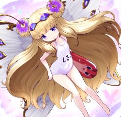 Rule 34 | 1girl, barefoot, blonde hair, butterfly wings, covered navel, double bun, fairy wings, feet, flower, goggles, goggles on head, hair bun, hair flower, hair ornament, insect wings, leaning forward, legs, long hair, name tag, nollety, old school swimsuit, one-piece swimsuit, original, pink eyes, school swimsuit, solo, swimsuit, thighs, very long hair, white one-piece swimsuit, wings