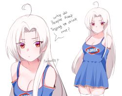 Rule 34 | 1girl, absurdres, arms behind back, artist name, bare shoulders, bleach (chemical), blue dress, breasts, cleavage, clorox, clorox-chan, collarbone, detached sleeves, dress, english text, highres, kumaartsu, logo, long hair, looking at viewer, medium breasts, meme, multiple views, original, personification, pleated dress, red eyes, simple background, speech bubble, standing, thighhighs, very long hair, white background, white hair, white thighhighs, zettai ryouiki