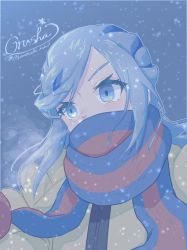 Rule 34 | 1boy, artist name, blue background, blue eyes, blue hair, blue scarf, blush, breath, character name, coat, covered mouth, creatures (company), english text, game freak, grusha (pokemon), highres, lemonade kokoi, light blush, long hair, male focus, nintendo, outline, pokemon, pokemon sv, scarf, sidelocks, signature, simple background, snowflakes, snowing, solo, striped clothes, striped scarf, swept bangs, trap, twitter username, v-shaped eyebrows, yellow coat