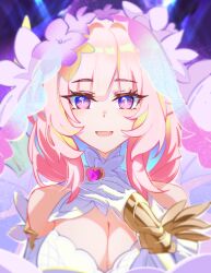 Rule 34 | 1girl, bare shoulders, breasts, cleavage, dress, elf, elysia (honkai impact), fang, flower, flower on head, gloves, go satoshi ko, hair between eyes, hand around neck, highres, honkai (series), honkai impact 3rd, large breasts, looking at viewer, open mouth, pink eyes, pink hair, pink pupils, pointy ears, skin fang, solo, veil, white gloves