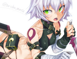 Rule 34 | 1girl, arched back, ass, bandaged arm, bandages, bare shoulders, black panties, black vest, breasts, butt crack, collarbone, cropped vest, dagger, dual wielding, facial scar, fate/apocrypha, fate/grand order, fate (series), fingerless gloves, gloves, green eyes, hair between eyes, holding, jack the ripper (fate/apocrypha), knife, looking at viewer, lowleg, lowleg panties, panties, pouch, scar, scar across eye, scar on cheek, scar on face, sheath, short hair, shoulder tattoo, slit pupils, small breasts, tattoo, torichamaru, underwear, vest, weapon, white hair