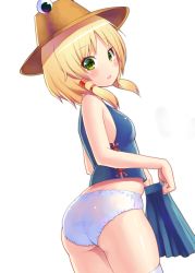 Rule 34 | 1girl, alcohol (coldfront), ass, bad id, bad pixiv id, bare shoulders, blonde hair, blush, coldfront, female focus, flat chest, from behind, green eyes, hair ornament, hairdressing, hat, looking at viewer, midriff, moriya suwako, no pants, open mouth, panties, pleated skirt, short hair, skirt, unworn skirt, solo, thighhighs, touhou, twintails, underwear, white background, white panties, white thighhighs