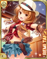 Rule 34 | 1girl, blue skirt, brown eyes, brown hair, card (medium), cowboy clothes, cowboy hat, day, girlfriend (kari), gun, handgun, hat, holstered, indoors, looking at viewer, low twintails, official art, open mouth, qp:flapper, red shirt, revolver, shirt, skirt, smile, solo, standing, tagme, tamai remi, tied shirt, twintails, weapon