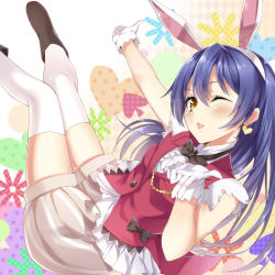 Rule 34 | 10s, 1girl, ;d, animal ears, ankle boots, argyle, bad id, bad pixiv id, blue hair, blush, boots, bow, bowtie, earrings, fake animal ears, gloves, heart, heart earrings, heirou, jewelry, korekara no someday, long hair, looking at viewer, love live!, love live! school idol project, one eye closed, open mouth, outstretched arm, polka dot, rabbit ears, smile, solo, sonoda umi, spade, thighhighs, white thighhighs, wink, yellow eyes