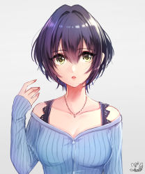 Rule 34 | 10s, 1girl, absurdres, alternate hairstyle, black hair, breasts, hayami kanade, highres, idolmaster, idolmaster cinderella girls, idolmaster cinderella girls starlight stage, jewelry, large breasts, looking at viewer, mairo, necklace, short hair, solo, yellow eyes