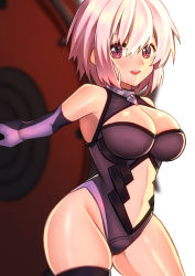 Rule 34 | 1girl, :d, absurdres, bare shoulders, black thighhighs, breasts, cleavage, cleavage cutout, clothing cutout, cowboy shot, elbow gloves, fate/grand order, fate (series), gloves, groin, hair between eyes, highleg, highleg leotard, highres, imuzi, large breasts, legs apart, leotard, looking at viewer, mash kyrielight, navel cutout, open mouth, pink eyes, pink hair, shield, single thighhigh, skindentation, smile, solo, teeth, thighhighs, thighs