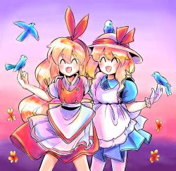 Rule 34 | 1980s (style), 2girls, ^ ^, apron, bad id, bad pixiv id, bird, blonde hair, blue bird, blue dress, bow, closed eyes, collared dress, cowboy shot, dress, ellen (touhou), flower, frilled apron, frills, gloves, hair bow, happy, hat, hat ribbon, highres, kana anaberal, long hair, medium hair, multiple girls, oldschool, open mouth, puffy short sleeves, puffy sleeves, red bow, red ribbon, red skirt, red vest, retro artstyle, ribbon, short sleeves, sketch, skirt, sun hat, takemoto izumi (style), touhou, touhou (pc-98), twitter bird, very long hair, vest, waist apron, white apron, white gloves, white headwear, yatyou