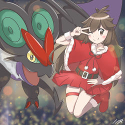 Rule 34 | 1girl, antenna hair, artist request, belt, belted dress, blurry, blurry background, boots, brown eyes, brown hair, child, collarbone, creatures (company), dragon, dress, feet up, female focus, flat chest, full body, game freak, gen 6 pokemon, green (pokemon), hand on own hip, hand up, happy, highres, jumping, knees together feet apart, legs, light blush, long hair, looking at viewer, matching hair/eyes, neck, nintendo, noivern, one eye closed, parted bangs, pokemon, pokemon lgpe, red footwear, santa boots, santa costume, santa dress, short dress, sidelocks, signature, size difference, smile, thighlet, thighs, v, wink, wristband