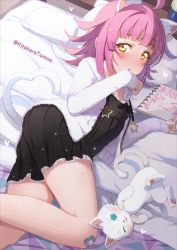 Rule 34 | 1girl, ahoge, animal ear fluff, animal ears, arm support, bandaid, bandaid on knee, bandaid on leg, bed sheet, black dress, blunt bangs, blunt ends, blush, breasts, cat, cat ears, cat tail, chestnut mouth, clenched hand, commentary, dress, eyelashes, fake animal ears, fake tail, hand up, hanpen (nijigasaki), heart, jacket, kitahara tomoe (kitahara koubou), legs, long sleeves, looking at viewer, love live!, love live! nijigasaki high school idol club, lying, on bed, one eye closed, pillow, pink hair, rina-chan board, short hair, small breasts, star (symbol), star print, symbol-only commentary, tail, tennoji rina, thighs, twitter username, white cat, white jacket, yellow eyes