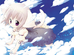 Rule 34 | 1girl, animal ears, arm support, bare shoulders, cat ears, cat tail, cloud, dress, grey hair, jpeg artifacts, kotohisa kao, looking at viewer, original, short hair, sky, smile, solo, tail, wallpaper