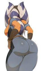 Rule 34 | 1girl, ahsoka tano, ass, bad id, bad twitter id, bare shoulders, belt, breasts, brown gloves, commentary, fingerless gloves, from behind, gloves, highres, medium breasts, orange skirt, pants, shiny clothes, simple background, skirt, slugbox, solo, star wars, tentacle hair, thighs, tight clothes, tight pants, togruta, white background