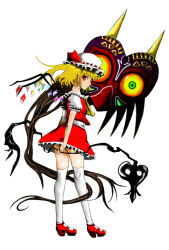Rule 34 | 1girl, blonde hair, colored sclera, corruption, crossover, dark persona, dress, flandre scarlet, green eyes, hat, heart, looking at viewer, looking back, majora (entity), nintendo, possessed, possession, red eyes, red shorts, shoes, short hair, shorts, socks, standing, takehumi, the legend of zelda, the legend of zelda: majora&#039;s mask, thighhighs, touhou, white socks, wings, yellow sclera