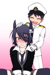 Rule 34 | 10s, 1boy, 1girl, :&gt;, ^ ^, admiral (kancolle), age difference, black thighhighs, blush, chiba toshirou, closed eyes, dress shirt, eyepatch, gloves, gradient background, hair ornament, headpat, kantai collection, little boy admiral (kancolle), necktie, open mouth, purple hair, shirt, skirt, smile, tenryuu (kancolle), thighhighs, white gloves, yellow eyes