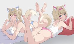 Rule 34 | 2girls, animal ears, ass, ass focus, barefoot, blonde hair, blue eyes, breasts, dog girl, feet, feet up, fuwawa abyssgard, highres, holoadvent, hololive, hololive english, large breasts, looking at viewer, lying, mococo abyssgard, multiple girls, on stomach, panties, pillow, pink eyes, small breasts, soles, the pose, toes, underwear, virtual youtuber, zeropen