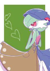 Rule 34 | 1girl, blue dress, blue hat, bob cut, border, brown dress, cabbie hat, clothed pokemon, colored skin, creatures (company), dress, female focus, flat chest, game freak, gardevoir, gardevoir (cafe), gen 3 pokemon, green background, green hair, green skin, hands up, happy, hat, heart, highres, knees together feet apart, knees up, looking to the side, multicolored skin, nintendo, open mouth, outline, outside border, own hands together, poke ball symbol, pokemon, pokemon (creature), pokemon unite, red eyes, ronen, short hair, simple background, sitting, sleeveless, sleeveless dress, smile, solo, two-tone dress, two-tone skin, white border, white outline, white skin