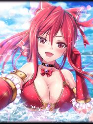 Rule 34 | 1girl, armlet, bikini, blush, bow, breasts, choker, cloud, day, frilled bikini, frilled gloves, frills, game cg, gem, gloves, hair bow, hair ribbon, huge breasts, jewelry, long hair, looking at viewer, navel, necklace, official art, open mouth, outdoors, partially submerged, phantom of the kill, ponytail, red eyes, red hair, ribbon, shekinah (phantom of the kill), solo, swimsuit, water, wet