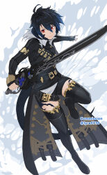 Rule 34 | 1girl, au ra, warrior of light (ff14), belt, black gloves, black hair, black thighhighs, boots, commission, dragon horns, dragon tail, final fantasy, final fantasy xiv, fingerless gloves, gloves, gunblade, gunbreaker (final fantasy), hair between eyes, highres, holding, holding weapon, horns, looking at viewer, lyra-kotto, red eyes, scales, short hair, shorts, smile, solo, tail, thigh boots, thighhighs, thighhighs under boots, weapon