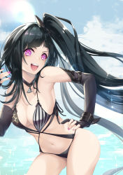 Rule 34 | 1girl, architect (girls&#039; frontline), architect (nvw model) (girls&#039; frontline), armpits, artist name, ass, bare legs, beach, bikini, black bikini, black choker, black gloves, black hair, blue sky, breasts, casual one-piece swimsuit, choker, cloud, cloudy sky, commentary request, cowboy shot, day, elbow gloves, girls&#039; frontline, gloves, gluteal fold, hair ornament, hand on own hip, head tilt, highres, long hair, looking at viewer, medium breasts, nagi (nightmare-cat), nail polish, navel, ocean, one-piece swimsuit, open mouth, outdoors, partially fingerless gloves, pink eyes, pink nails, purple eyes, sangvis ferri, side ponytail, sidelocks, sky, smile, solo, swimsuit, teeth, twitter username, upper teeth only, very long hair, watermark, wrist cuffs