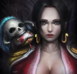 Rule 34 | 10s, 1girl, 2012, amazon lily, amazon warrior, black hair, blue eyes, boa hancock, breasts, cleavage, earrings, epaulettes, francis tneh, highres, jacket, jacket on shoulders, jewelry, one piece, salome (one piece), skull, snake