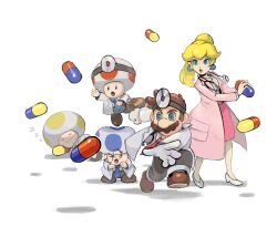 Rule 34 | 1girl, 4boys, :o, arm up, blonde hair, blue eyes, blue necktie, blue toad (mario), brown footwear, brown hair, clenched hand, closed eyes, closed mouth, coat, collared shirt, commentary, dr. mario, dr. mario (game), dr. mario world, dr. peach, dr. toad (mario), earrings, english commentary, eyelashes, facial hair, glasses, gloves, grey pants, head mirror, high heels, high ponytail, holding pill, jewelry, lab coat, lips, long hair, long sleeves, lying, mario, mario (series), multiple boys, mustache, necktie, nintendo, on side, open clothes, open coat, open mouth, outstretched arm, pants, pencil skirt, pill, pink coat, pink skirt, ponytail, princess peach, red necktie, red toad (mario), rinabee (rinabele0120), round eyewear, shirt, shirt tucked in, shoes, short hair, sidelocks, simple background, skirt, sleeping, smile, sphere earrings, standing, stethoscope, toad (mario), u u, white background, white coat, white footwear, white gloves, white shirt, yellow necktie, yellow toad (mario), zzz