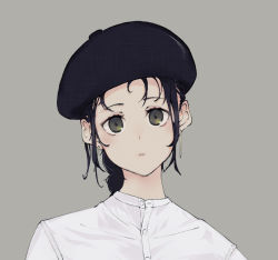 Rule 34 | 1girl, artist painter, beret, black eyes, black hair, black hat, closed mouth, collared shirt, commentary request, dress shirt, earrings, grey background, hat, highres, jewelry, long hair, looking at viewer, original, shirt, simple background, solo, tsurara eeri, upper body, white shirt