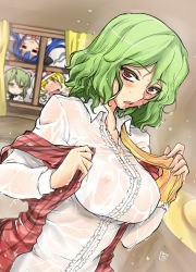 Rule 34 | 4girls, = =, antennae, aoi manabu, ascot, blonde hair, blue hair, blush, blush stickers, bow, breasts, camera, cape, covered erect nipples, dress shirt, dutch angle, elly (touhou), eyelashes, female focus, food, fruit, green eyes, green hair, hat, hat bow, unworn hat, unworn headwear, hinanawi tenshi, huge breasts, impossible clothes, impossible shirt, indoors, kazami yuuka, large breasts, leaf, long hair, looking at viewer, lotus land story, messy hair, multiple girls, nose blush, peach, plaid, plaid vest, see-through, shirt, smile, straw hat, touhou, touhou (pc-98), untied, upper body, vest, wet, wet clothes, window, wriggle nightbug