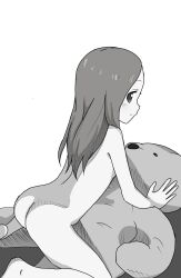Rule 34 | 1girl, aki (yunkana), ass, highres, karakai jouzu no takagi-san, monochrome, nude, smile, solo, stuffed animal, stuffed toy, takagi-san, teddy bear