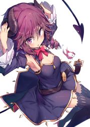 Rule 34 | 1girl, :o, armpits, beize (garbage), black dress, black thighhighs, bow, bowtie, breasts, cleavage, curled horns, demon girl, demon horns, demon tail, detached sleeves, dress, drill hair, fish, highres, horns, looking at viewer, machikado mazoku, medium breasts, pink eyes, purple eyes, purple hair, red bow, red bowtie, short hair, simple background, solo, tail, thighhighs, white background, yoshida ryouko