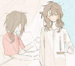 brown_hair candle candlelight closed_eyes edgar_valden holding holding_candle identity_v long_hair low_ponytail messy_hair nightshirt pajamas pillow ponytail red_ribbon ribbon shirt sleepwear sleepy ttptg6 waking_up white_shirt