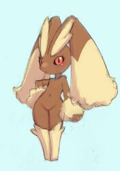 Rule 34 | 1girl, arm at side, black sclera, blue background, blush, body fur, brown fur, closed mouth, clothed pokemon, colored sclera, creatures (company), female focus, full body, furry, furry female, game freak, gen 4 pokemon, groin, hand on own hip, legs, legs together, looking at viewer, lopunny, navel, nintendo, pokemon, pokemon (creature), rabbit ears, rabbit girl, rabbit tail, red eyes, simple background, sketch, solo, standing, stomach, thighs, two-tone fur, uno usaya, yellow fur