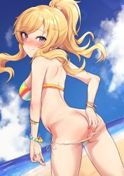 Rule 34 | 1girl, absurdres, anus, ass, bare shoulders, beach, bead bracelet, beads, bikini, bikini pull, blonde hair, blue eyes, blush, bracelet, breasts, clothes pull, commentary request, cowboy shot, from behind, hair ornament, heart, heart in eye, highres, idolmaster, idolmaster cinderella girls, jewelry, large breasts, long hair, looking back, mooning, ocean, ohtsuki yui, oops, outdoors, ponytail, pussy, pussy peek, smile, solo, standing, striped bikini, striped clothes, swimsuit, symbol in eye