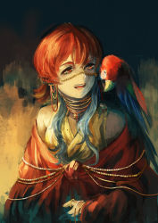 Rule 34 | 1girl, :d, beak, bird, jewelry, kngn., long hair, looking to the side, macaw, multicolored hair, on shoulder, open mouth, parrot, red eyes, smile, teeth, two-tone hair