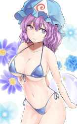 Rule 34 | 1girl, ball, bare arms, bare shoulders, bikini, blue bikini, blue hat, breasts, collarbone, commentary request, cowboy shot, floral background, front-tie bikini top, front-tie top, hair between eyes, hat, highres, holding, holding ball, large breasts, looking at viewer, mob cap, navel, one-hour drawing challenge, purple eyes, purple hair, saigyouji yuyuko, short hair, solo, stomach, swimsuit, touhou, triangular headpiece, white background, y2