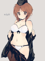 Rule 34 | 1girl, bad id, bad twitter id, black hat, bow, bow bra, bow panties, bra, breasts, brown eyes, brown hair, cleavage, clothes pull, collarbone, cowboy shot, garrison cap, getsumen suibaku ver. a(c), girls und panzer, grey background, groin, hat, highres, insignia, jacket, jacket pull, kuromorimine military uniform, lace, lace-trimmed bra, lace trim, long sleeves, looking at viewer, medium breasts, military, military hat, military uniform, miniskirt, navel, nishizumi miho, open clothes, open skirt, panties, parted lips, pleated skirt, red skirt, ribs, short hair, simple background, skirt, skirt pull, solo, standing, sweat, twitter username, underwear, undressing, uniform, white bra, white panties
