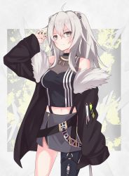 Rule 34 | 1girl, absurdres, ahoge, animal ears, black jacket, black nails, black pantyhose, black shirt, breasts, claw pose, cleavage, cowboy shot, crop top, ear piercing, fingernails, frown, fur-trimmed jacket, fur trim, grey eyes, grey skirt, hair between eyes, highres, hololive, jacket, jewelry, large breasts, lion ears, lion girl, lion tail, long fingernails, long hair, medium breasts, miniskirt, miyaho concon, nail polish, necklace, o-ring, o-ring thigh strap, off shoulder, pantyhose, partially unzipped, piercing, see-through, see-through cleavage, shirt, shishiro botan, shishiro botan (1st costume), sidelocks, silver hair, single leg pantyhose, skin tight, skirt, sleeveless, sleeveless shirt, solo, tail, thigh strap, torn clothes, torn pantyhose, two side up, v-shaped eyebrows, virtual youtuber, zipper skirt