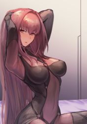 Rule 34 | 1girl, arms up, bed, blush, bodysuit, breasts, covered navel, emoshon, emoto reishi, fate/grand order, fate (series), highres, large breasts, long hair, looking at viewer, open mouth, purple bodysuit, purple hair, red eyes, scathach (fate), solo, very long hair