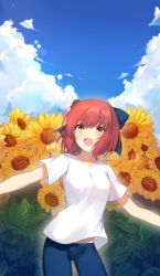Rule 34 | 1girl, blue bow, blue pants, blue sky, blush, bow, cloud, commentary request, day, denim, flower, hair bow, highres, jeans, kohaku (tsukihime), leaf, looking at viewer, nemu mohu, open mouth, outdoors, outstretched arms, pants, red hair, shirt, short hair, short sleeves, sky, smile, solo, sunflower, t-shirt, tsukihime, white shirt, yellow eyes, yellow flower