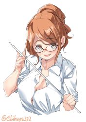 Rule 34 | aquila (kancolle), blush, breasts, brown eyes, brown hair, ebifurya, glasses, highres, kantai collection, large breasts, long hair, looking at viewer, no bra, one-hour drawing challenge, open mouth, ponytail, red-framed eyewear, shirt, simple background, solo, twitter username, white background, white shirt