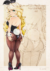 Rule 34 | 1girl, animal ears, ass, back-seamed legwear, ballpoint pen (medium), black footwear, black leotard, black pantyhose, blonde hair, commentary request, dated, detached collar, fake animal ears, from behind, green eyes, high heels, highres, leotard, looking at viewer, looking back, maguta, original, pantyhose, playboy bunny, rabbit ears, rabbit tail, seamed legwear, solo, standing, strapless, strapless leotard, tail, traditional media, wavy hair, wrist cuffs, zoom layer